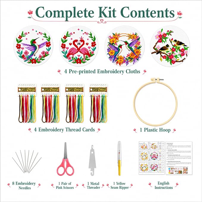 Zhenqing Cross Stitch Kit for Beginners 4 Pack Bird Floral Embroidery Kit 11CT - Image 5
