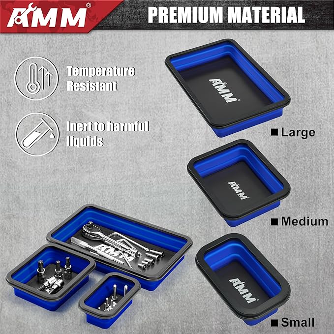 AMM Foldable Magnetic Parts Tray Set, 3 Different Size Magnetic Tool Trays for Bolts Screws Nuts & Small Metal Parts, Mechanic Tool Present for Men，Blue