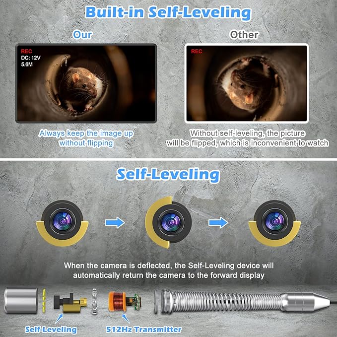 Sanyipace Sewer Camera 230FT/70M with 512Hz Transmitter, Self-Leveling, Distance Counter, Plumbing Pipe Inspection Camera with Mic Speaker DVR Recorder, 16GB TF Card, 5mm Cable, Roller Guide Wheel