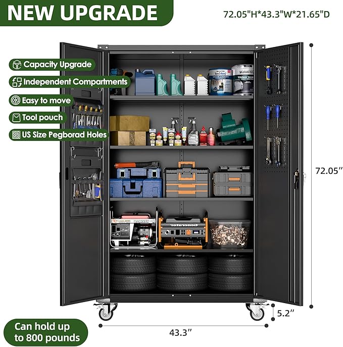 Metal Storage Cabinets on Wheels, 72.05" Steel Lockable Tool Cabinet with Shelves Pegboards Hooks for Home Office School Garage Warehouse Utility Room, Assembly Require, Black