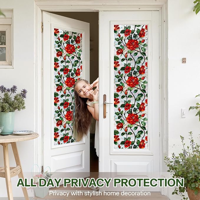 Stain Glass Window Film, Rose Floral Privacy Film - Image 2