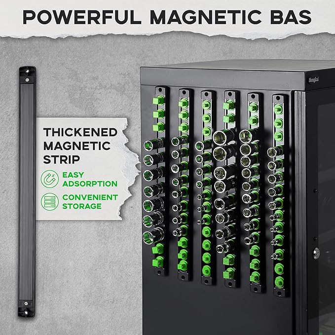 1/2-Inch Drive Magnetic Socket Organizer, Heavy Duty Aluminum Socket Rail Organizer, 360° Swivel Clips Socket Holder Kit for Tool Box, 1/2-Inch Socket Holder x 12 Clips (Green)