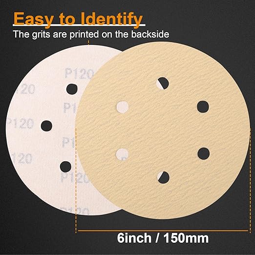 100 PCS 6 Inch Sanding Discs 120 Grit, 6 Hole Hook and Loop Round Sandpaper for Random Orbital Sander