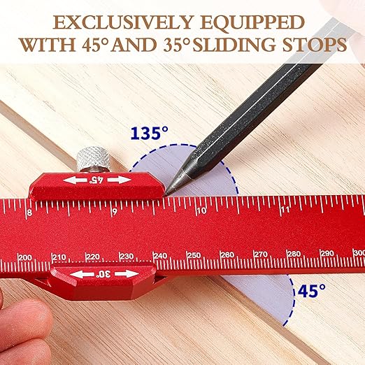 Woodworking Ruler Precision Pocket Rule: 12, 8, 6 Inch Metal Marking Ruler with 45° & 30° Slide Stop, Metric Inch Measuring Wood Working Scribing Measure Tools, Woodwork Adjustable Sliding Ruler
