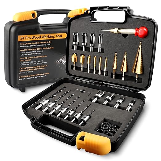 34 Pcs Woodworking Chamfer Drilling Tools Including 6 Countersink Drill Bit Set, 7 Countersink Drill Bit, 8 Plug Cutters for Woodworking, 3 Step Drill Bit and 8 Drill Stop Bit Collar Set.