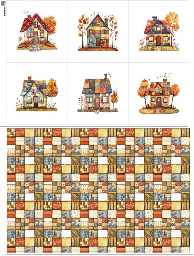 Cozy Autumn Patchwork House Fabric Panel – Six 10×10 inch Designs + Bonus by FabricsTown