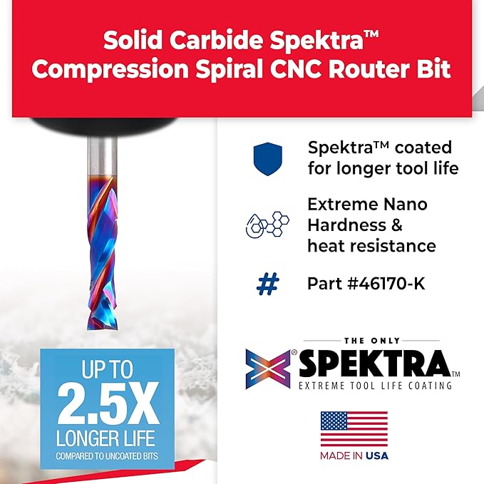 Amana Tool Spektra Extreme Tool Life Solid Carbide CNC Compression Spiral Router Bit, 46170-K, 1/4 D x 7/8 CH x 1/4 Shank x 2-1/2 Inch Long 2 Flute