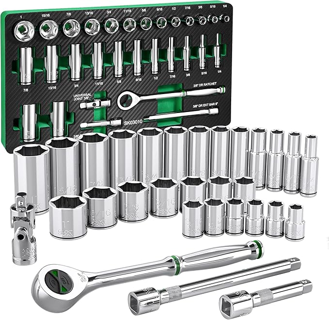 SK 3/8" Drive Socket Set with 160-P Ratchet, 30-Piece, SAE, SuperKrome Finish, Premium CR-V Construction, with EVA Foam Tool Organizer