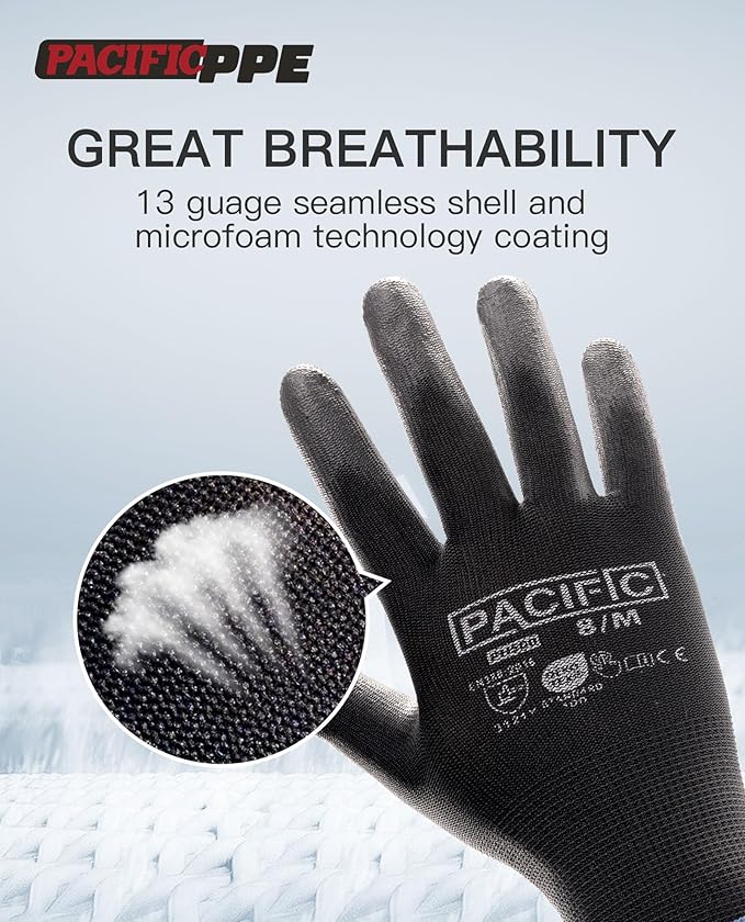 PACIFIC PPE Work Gloves PU Coated-18 Pairs, Touchscreen Working Gloves for Men and Women, Mechanic Gloves, Lightweight, Black, Small