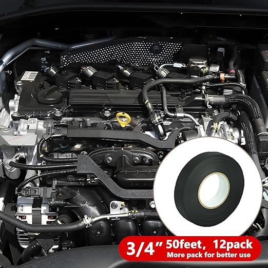 SWRT Wire Harness Tape, 3/4 Inch × 50 Feet, 12 Packs (600 Feet Total), Self-Adhesive Black Cloth Electrical Tape for Automotive Use, High Temperature Resistance Felt Tape.