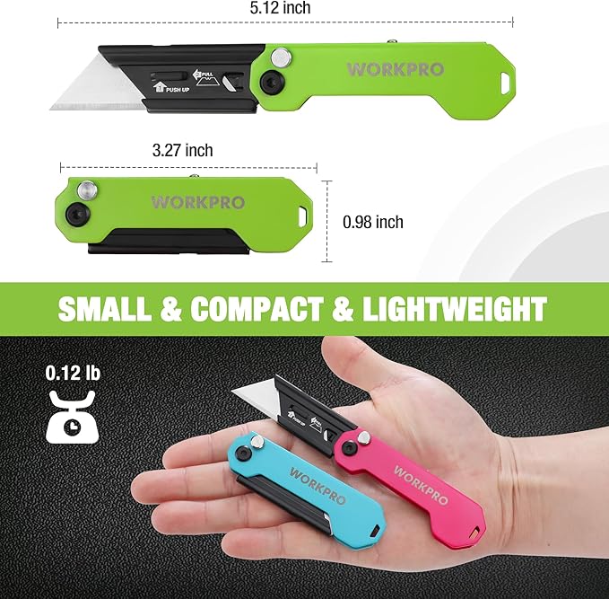 WORKPRO 3-Pack Folding Utility Knife, Razor Blade Knife with Safety Axis Lock, Quick Change Blade Box Cutter, EDC Pocket Knife with Belt Clip