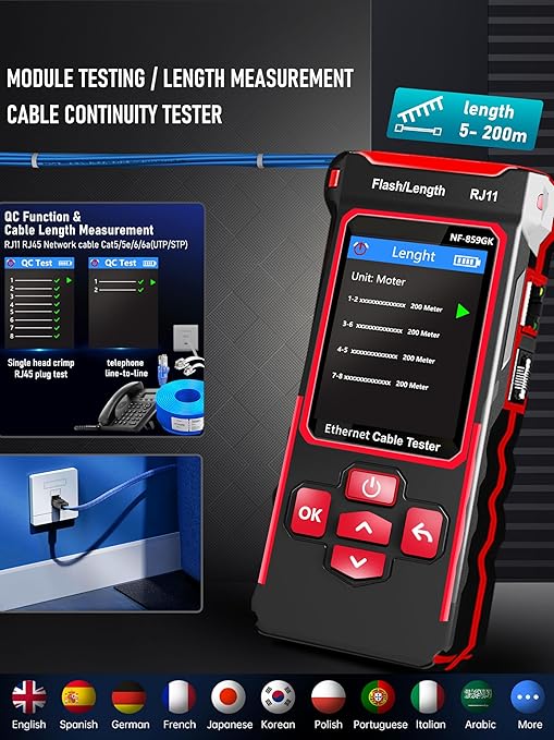 NF-859GK Network Cable Tester with lP Tester,VFL 10mwVisual Fault Locator,PING/POE/RJ45 RJ11 TDR CAT5CAT6 Cable Toner Ethernet Tester for Phone LinesCAT3,Wire Tracer LAN Network Tool