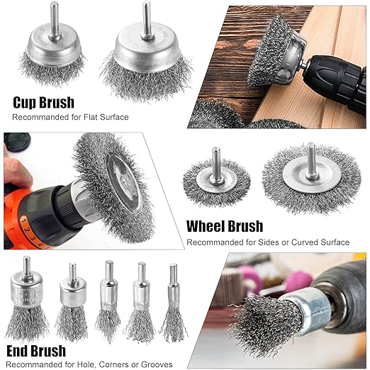 Wire Brush for Drill Set, 9Pcs Cup, Wheel & End Brush Kit with 1/4” Shank, Carbon Steel Drill Brush Attachments for Rust Removal, Stripping, and Abrasive