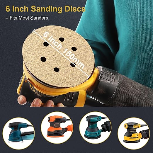 105 PCS 6 Inch Sanding Discs, 6 Hole Hook and Loop Gold Round Sandpaper for Random Orbital Sander 60 80 120 180 220 320 400 Grit