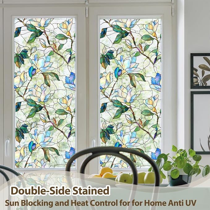 Magnolia Stained Glass Privacy Window Film, Decorative Window Tinting Film - Image 5