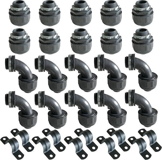 (1/2" Conduit Parts 30 Pack) Yariwiz 1/2 Black Special Extra Flexible Plastic Liquid Tight Conduit Connector Kit, Include 10 Conduit Couplings, 10 Conduit 90 Degree Elbows, 10 Conduit Strap