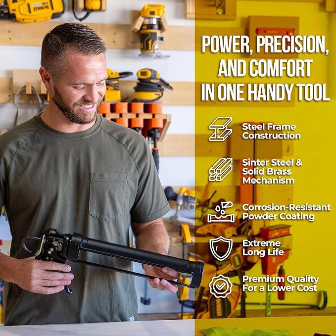 AWF PRO Heavy Duty Caulk Gun, 18:1 Thrust Ratio, Steel Frame Construction, Rotating Barrel, Ladder Hook, Puncture Tool & Dripless Pressure Release Tab (Pack of 1, 29 oz Caulking Gun)