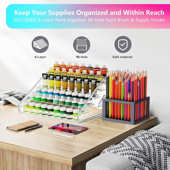 6-Layer Acrylic Organizer with Brush Holder, Easy Assembly Storage Rack - Image 2