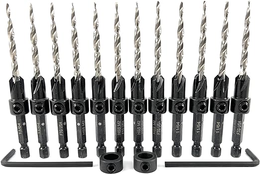 FTG USA 12 Pc #8 (11/64") Countersink Drill Bit Set with Depth Stop Collar, Hex Wrench - Tapered Drill Bits for Wood