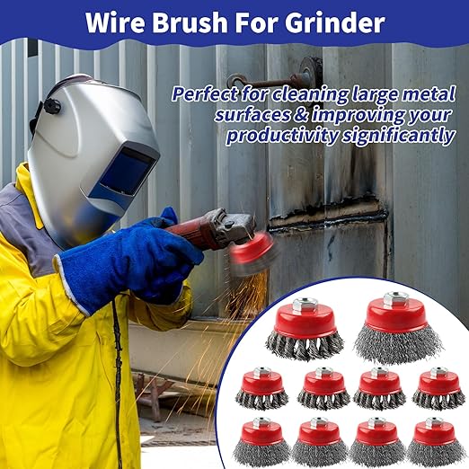Rocaris 10 Pack Wire Cup Brush for Grinders, Wire Wheels for 4 1/2 Angle Grinder, 3 Twisted Knotted & Coarse Crimped Cup Brush