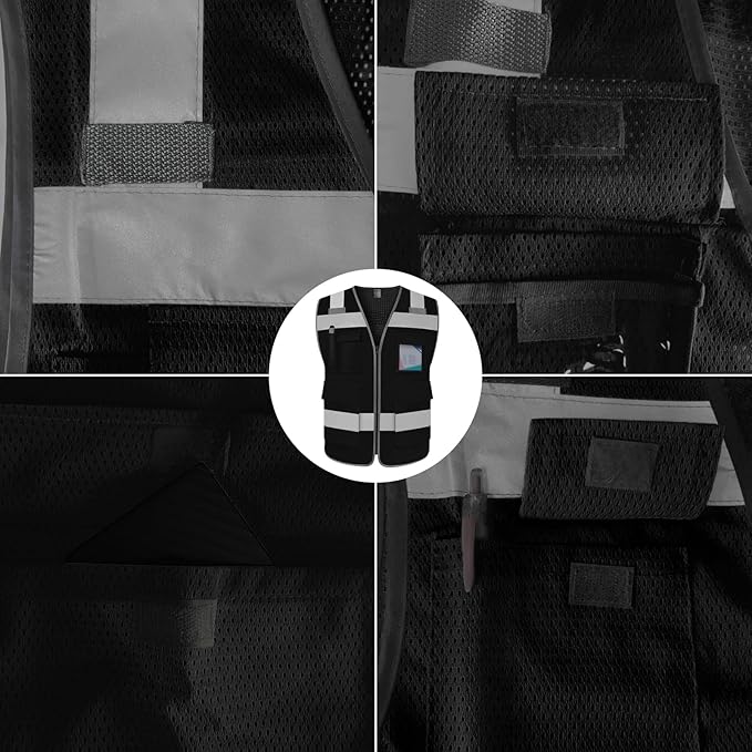 TCCFCCT Mesh Hi Vis Vest 5 Pockets High Visibility Reflective Safety Vest for Men Women, Neon Construction Vest with Horizontal Strip for Walkie-talkie and ID Card, Meets ANSI/ISEA Standards, Black, 3XL