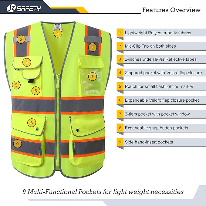 JKSafety 9 Pockets Hi-Vis Neon Yellow Color Zipper Front Safety Vest with Fluorescent Orange Extend Edge outlining the Reflective Tapes Meet ANSI/ISEA Class 2 Standard (901-Yellow, 4XL)