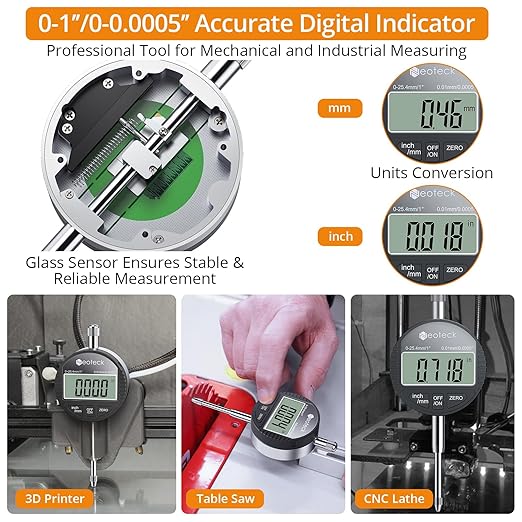 Neoteck 1"/25.4mm (0.0005"/0.01mm) Digital Indicator Set Dial Indicator and Magnetic Base Set with Storage Case, Ideal for 3D Printer Lathe Workshop CNC Machine Table Saw-90lbs(40kg) Max Pull-Black