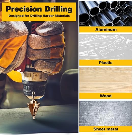 M35 Cobalt Step Drill Bit Set with Automatic Center Punch, 1/8" to 1-3/8", 6 PCS Step Drill Bit for Stainless Steel, Metal, Aluminum, Copper, Wood, PVC