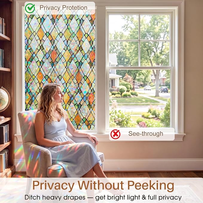 Window Privacy Film, Stained Glass Static Cling Rainbow Stickers 29.5" x - Image 3