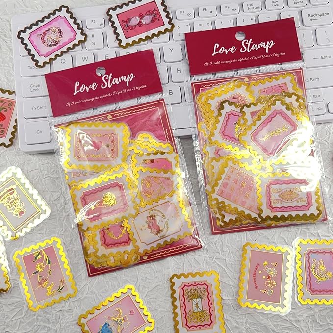 50 PCS Cartoon love stamps Stickers Aesthetic PET Stickers Gold Stamp Decal - Image 2