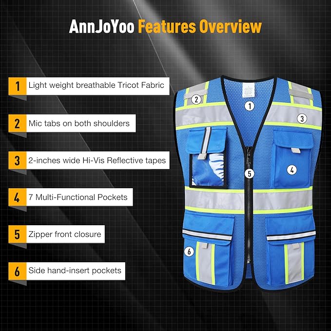 Class 2 Safety Vest with Zipper Front and multiple Pockets, High Visibility Vest, Meets ANSI/ISEA Standards