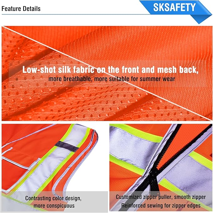 SKSAFETY 10 Pockets Safety Vest, Class 2 High Visibility Security with Zipper Back Mesh, Hi Vis Vest with Reflective Strips, ANSI/ISEA Standard, Construction Work Vest for Men ＆ Women （Orange, 4XL）