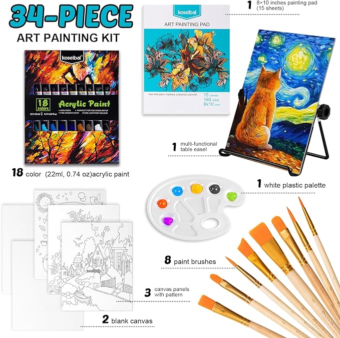koseibal Acrylic Paint Set for Kids, Art Painting Supplies Kit - Image 2