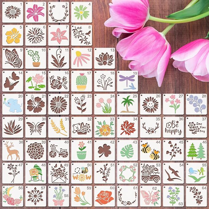 Flower Stencils for Painting, Professional Art Drawing Templates 64PCS 3x3 by Felixcraft-DIYDreamscape