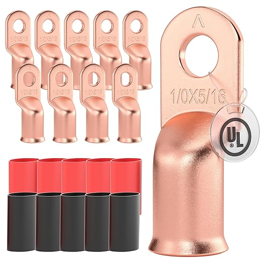 AIRIC 10 PCS UL Listed 1/0 AWG - 5/16" Battery Cable Lugs, Heat Shrink Ring Terminals End, Copper Cable Ends, Wiring Connector Terminal, Electrical Crimp Connectors, Wire Lug for 1/0 Gauge Wires