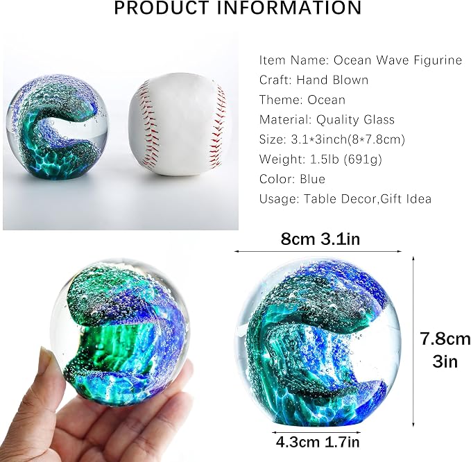 QFkris 3'' Hand Blown Glass Ocean Waves Ball Figurine, Glass Art Bubble Waves - Image 2