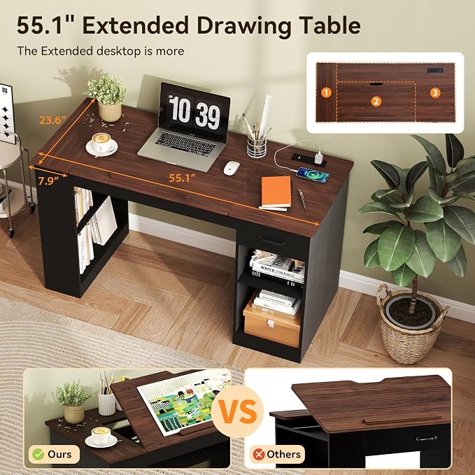 Verano Garden 55.1" Drafting Table, Craft Art Table, Computer Desk | Storage - Image 6