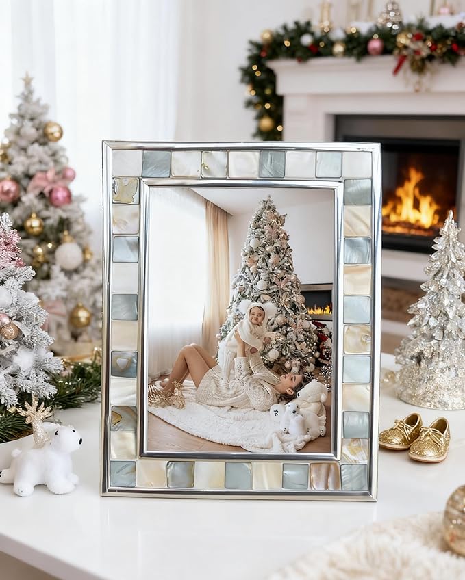 Silver Plate Picture Frame 4x6 Mother of Pearl 4 by 6 Photo Frame Mosaic Glass - Image 6