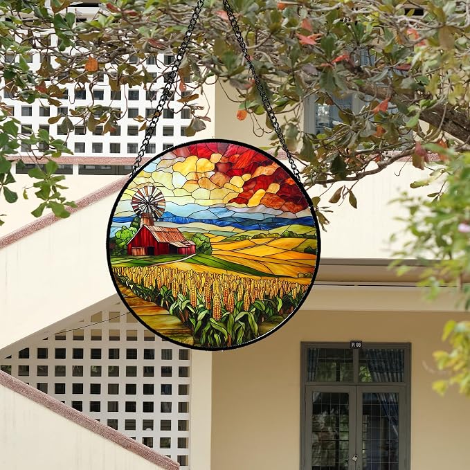 Stained Glass Window Hanging Autumn Farm Corn Harvest Landscape Large 15" - Image 4