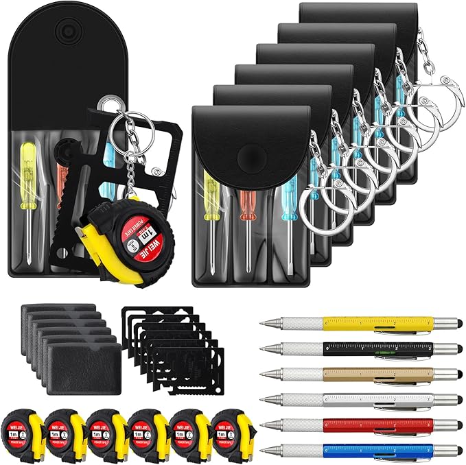 24 Pcs Mini Tape Screwdriver Keychain Set Christmas Men Gifts Bulk Adult Party Favors Multitool Pen Card Tool Measuring Keychains Stocking Christmas Stuffers for Men Dad (Multicolor)