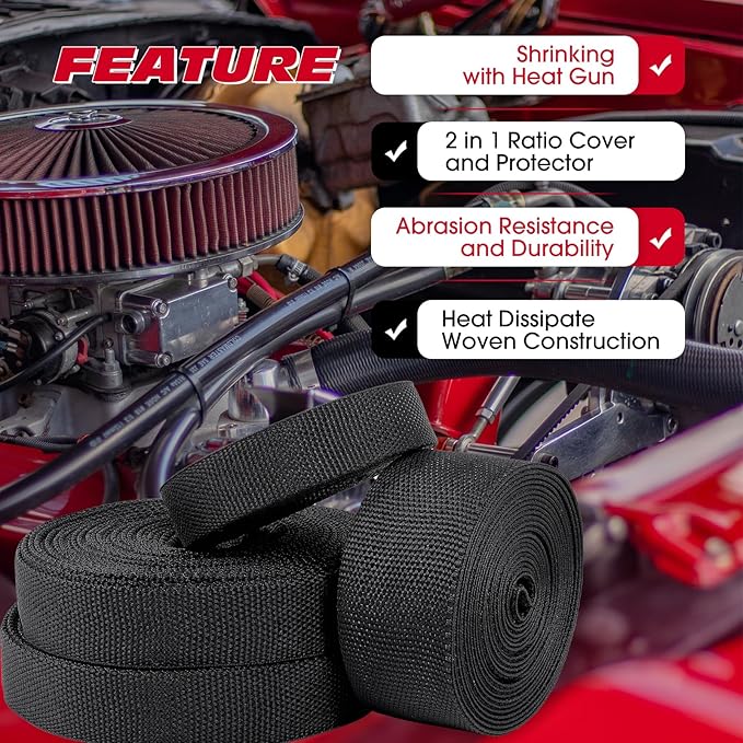 2 in 1 Ratio Heat Shrink Fabric Braided Sleeving, 1" - 24 feet Soft, Flexible and Sealing Black Shrinkable Braiding Sleeve