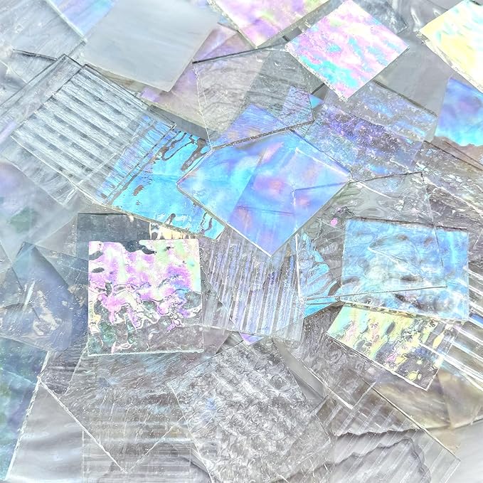 ILLUCKAI 2.2lb Iridescent Clear Stained Glass Scraps Sheets, Irregular Mosaic by ILLUCKAI