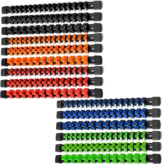 ALOANES 15 PC ABS Socket Organizer,1/2 inch, 3/8 inch, and 1/4 inch Drive Socket Rail Holders, Heavy Duty Socket Racks, Black Rails with 5 Color Clips