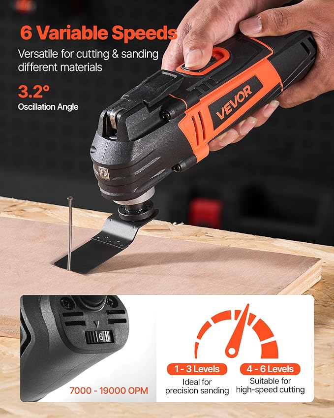 VEVOR Multitool Oscillating Tool, 4Amps Electric Oscillating Multi Tool Corded with 6 Variable Speeds 7000-19000 OPM, 3.2° Oscillating Angle, 13PCS Saw Accessories, LED Work Light & Tool Bag