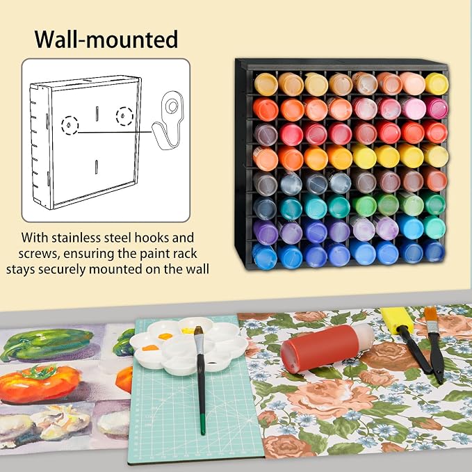Krafetto 64 Grids Craft Paint Storage Organizer, Wall-mountable Paints Holder - Image 4