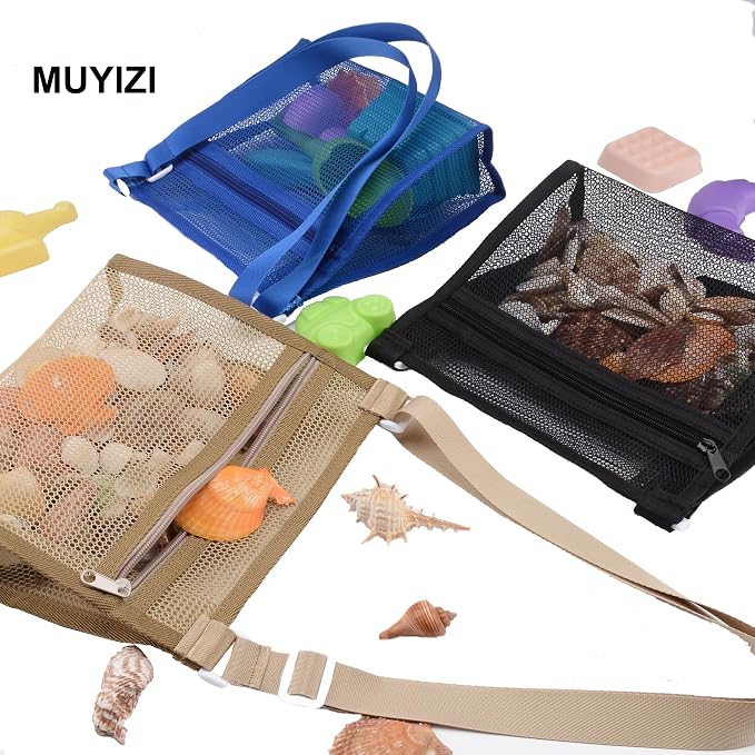 MUYIZI Mesh Beach Bag for Collecting Shells 3 Pack, Shell Bags for Beach - Image 2