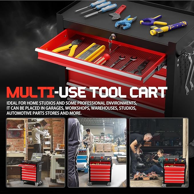 7-Drawer Rolling Tool Chest,Metal Rolling Tool Chest with Wheels and Locking Tool Box,Portable Metal Tool Box for Warehouse,Garage, Repair Shop, Workshop (Blackred, 7-Drawer)