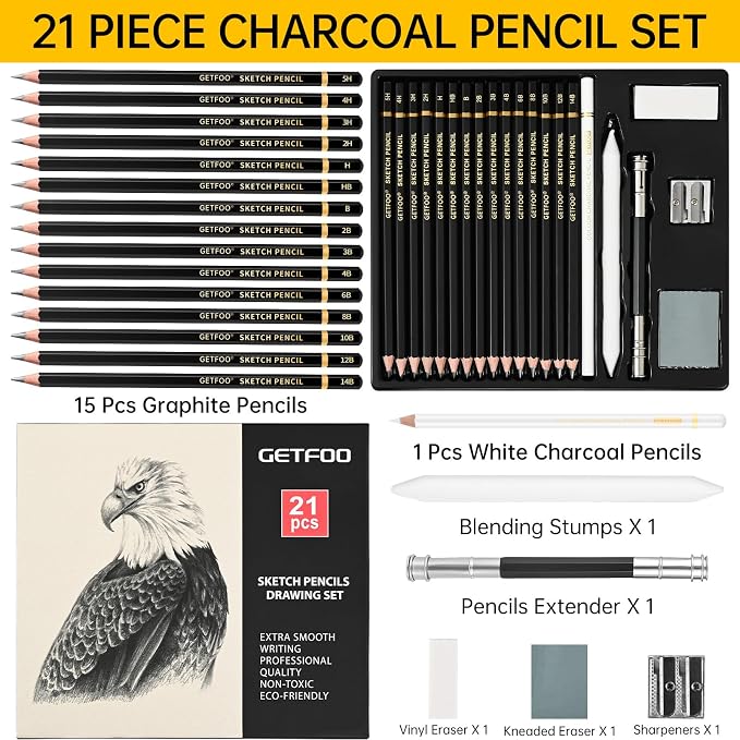 21pc Drawing Sketching Pencil Set Graphite 14B-5H & Charcoal Pencils | - Image 2
