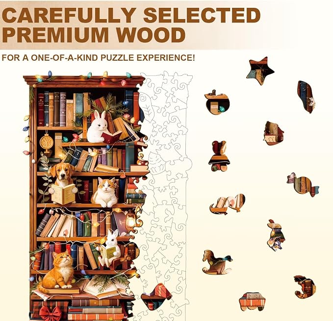 Animal Cozy Bookshelf Puzzles Adults Gifts Wooden 200 Pieces 13.4 * 8.5in - Image 3