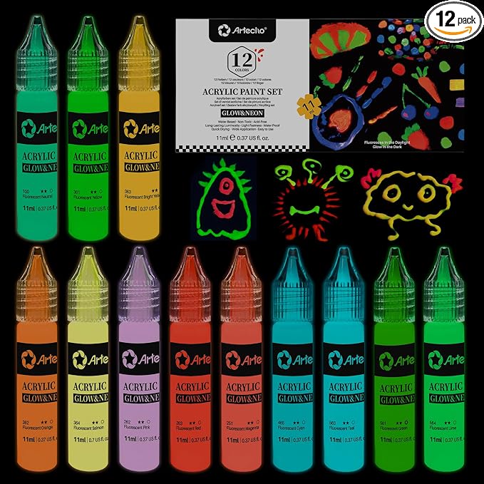 Artecho Glow in the Dark Acrylic Paint Set – 12 Colors x 11ml | Non-Toxic by Artecho